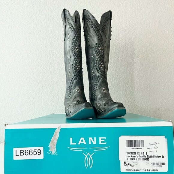 Lane COSSETTE Womens Cowboy Boots 6 Black Leather Western Cowgirl 15" Tall - Picture 11 of 12